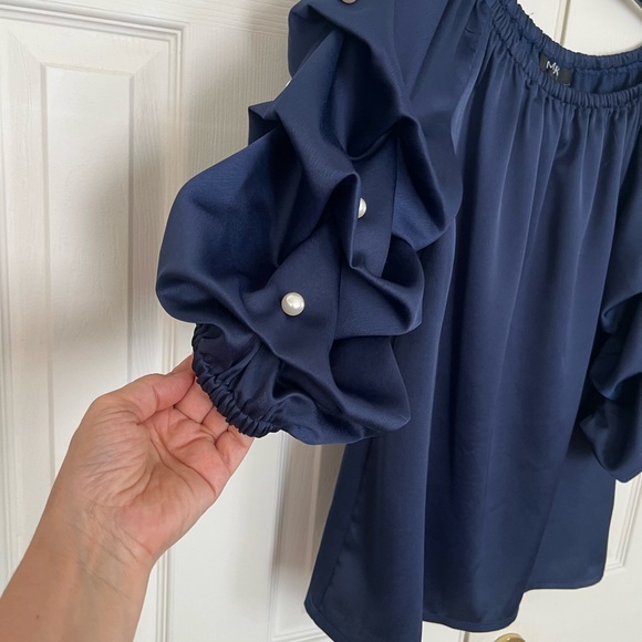 ✅MSK Elegant Navy Blue Women's Top with Ruffled Sleeves - Picture 3 of 8